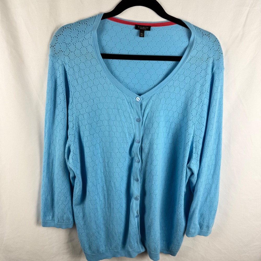 Talbots Light Blue Pointelle Cardigan 3XL Petite Preppy Coquette Spring Timeless